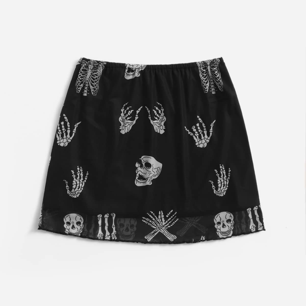 

Skeleton Graphic Mesh Skirt, Black