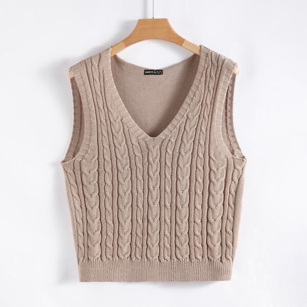 

Cable Knit V Neck Sweater Vest, Khaki