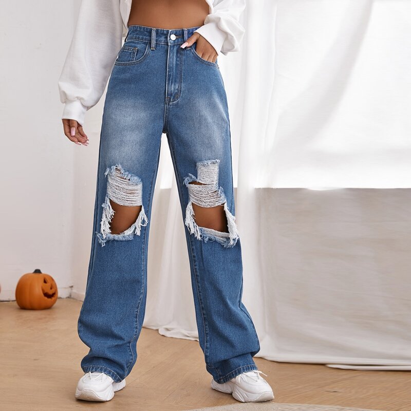 

High Waist Ripped Wide Leg Jeans, Medium wash