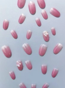 24pcs Butterfly Decor Fake Nail & 1sheet Tape & 1pc Nail File - Watermelon Pink - View 3