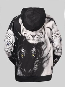 Manfinity 男士3D老虎印花抽繩連帽衫 - 黑與白 - 查看 2