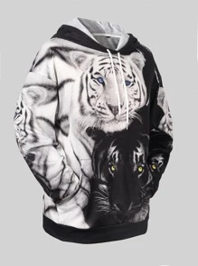 Manfinity 男士3D老虎印花抽繩連帽衫 - 黑與白 - 查看 4