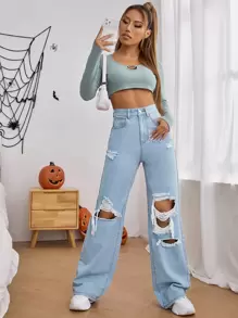 Jeans de talle alto con abertura desgarro crudo de pierna ancha - Lavado ligero - Ver 1