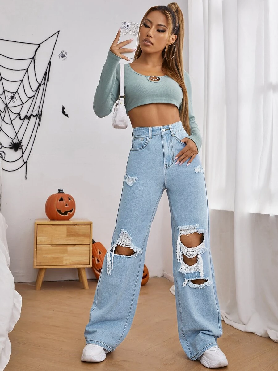 Jeans de talle alto con abertura desgarro crudo de pierna ancha - Lavado ligero - Ver 1