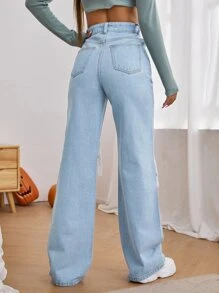 Jeans de talle alto con abertura desgarro crudo de pierna ancha - Lavado ligero - Ver 2