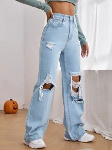 Jeans de talle alto con abertura desgarro crudo de pierna ancha - Lavado ligero - Ver 3