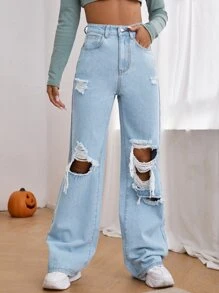 Jeans de talle alto con abertura desgarro crudo de pierna ancha - Lavado ligero - Ver 4