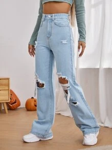 Jeans de talle alto con abertura desgarro crudo de pierna ancha - Lavado ligero - Ver 5