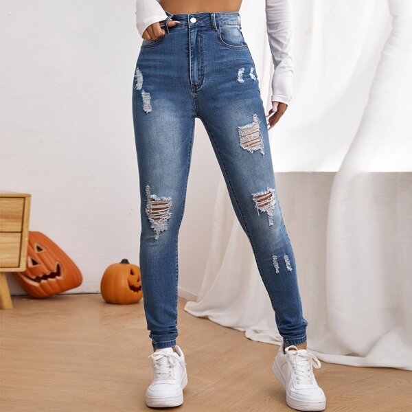 

High Waisted Ripped Skinny Jeans, Medium wash