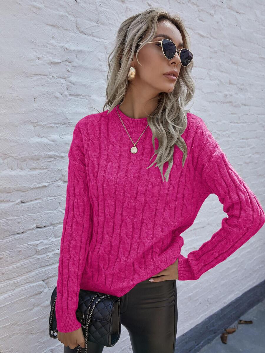 SHEIN LUNE Cable Knit Drop Shoulder Jumper - Pink - View 1
