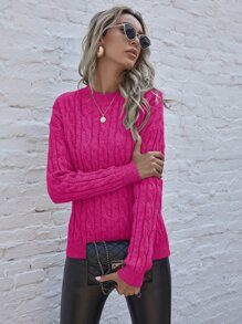 SHEIN LUNE Cable Knit Drop Shoulder Jumper - Pink - View 4