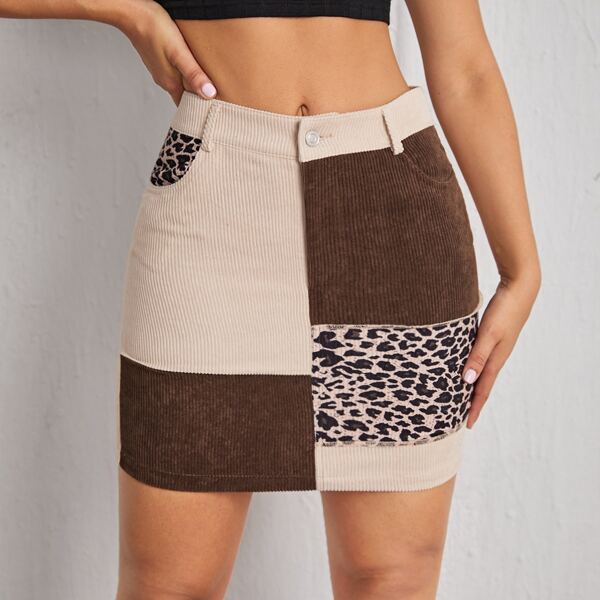 

Color Block Leopard Corduroy Skirt, Apricot