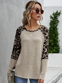 SHEIN LUNE Contrast Leopard Raglan Sleeve Tee - Multicolor - View 3