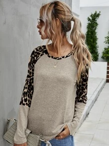 SHEIN LUNE Contrast Leopard Raglan Sleeve Tee - Multicolor - View 6