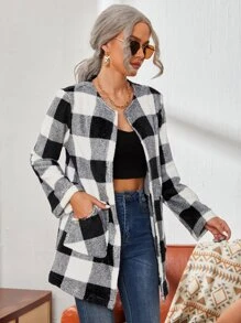 SHEIN Abrigo de cuadros con parte delantera abierta - Blanco y Negro - Ver 1