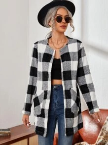 SHEIN Abrigo de cuadros con parte delantera abierta - Blanco y Negro - Ver 3