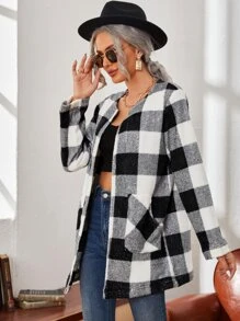 SHEIN Abrigo de cuadros con parte delantera abierta - Blanco y Negro - Ver 4