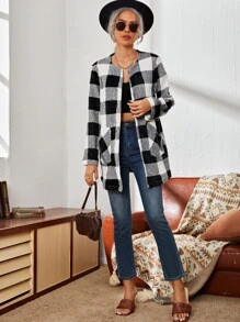 SHEIN Abrigo de cuadros con parte delantera abierta - Blanco y Negro - Ver 5