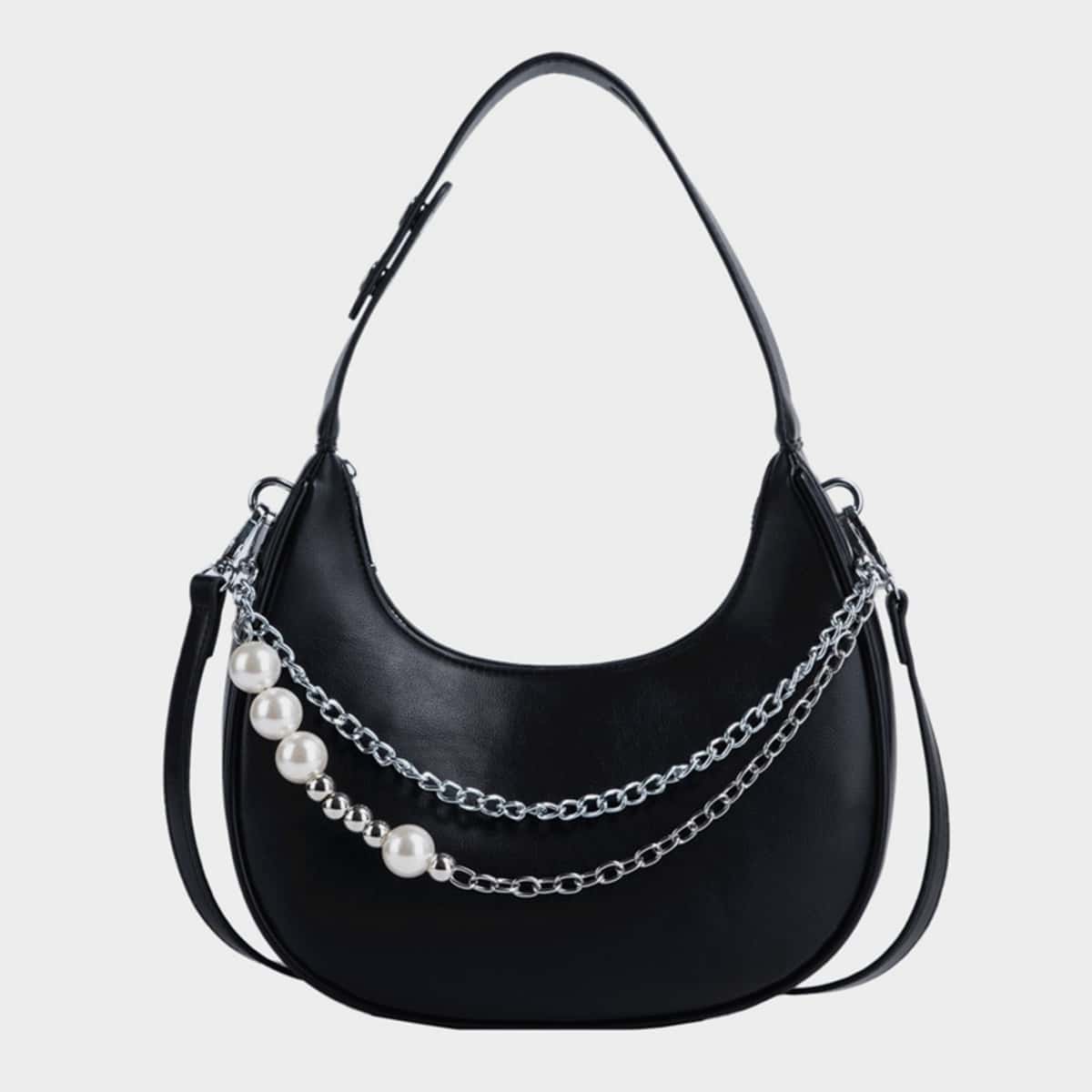 

Faux Pearl Decor Shoulder Bag, Black