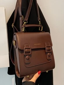 復古蓋子大學背包手提包，復古扣裝飾包款女士多用途日包，新款大容量休閒復古風格蓋子背包，可變身手提包、肩背包，輕巧耐用小型背包，迷你背包適用於返校或旅行 - 咖啡棕 - 查看 3