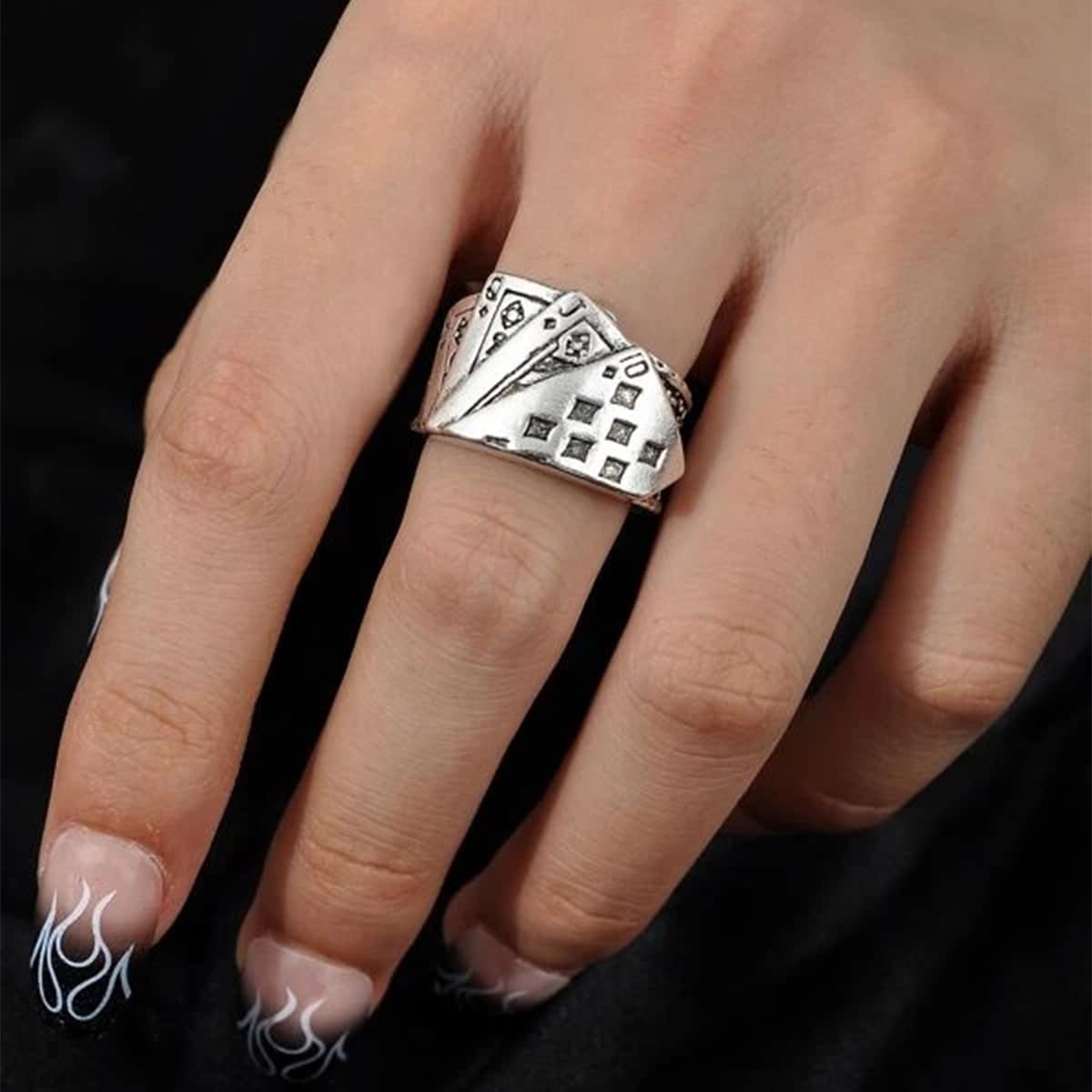 

1pc Playing Card Design Ring, Silver