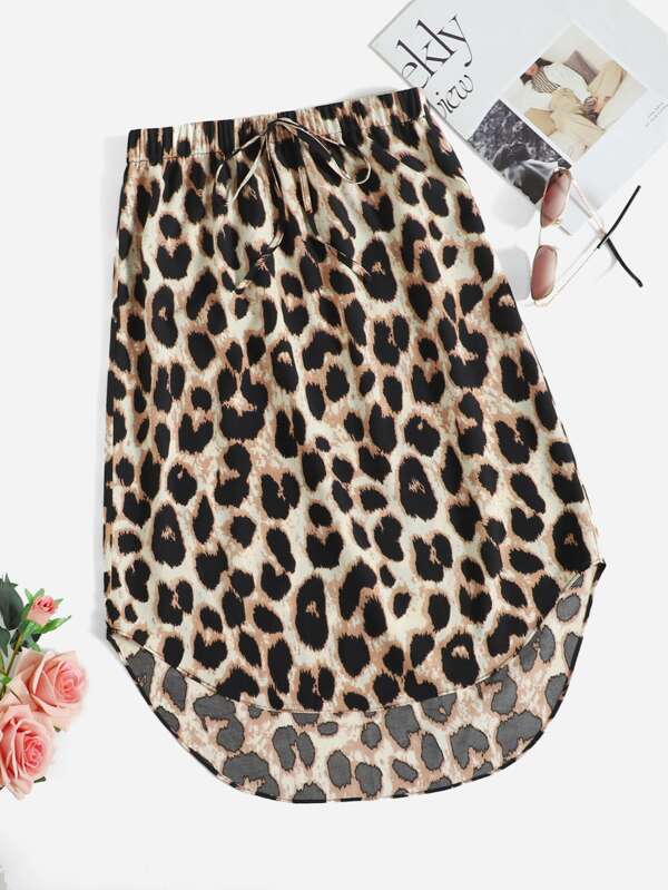 SHEIN Clasi Leopard Knot Front High Low Hem Skirt