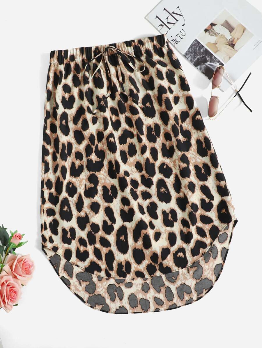 SHEIN Clasi Leopard Knot Front High Low Hem Skirt