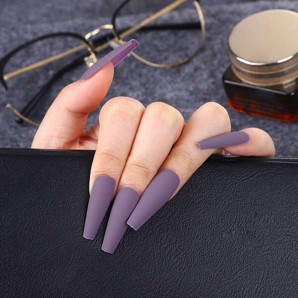

24pcs Plain Fake Nail & 1sheet Tape & 1pc Nail File, Lilac purple