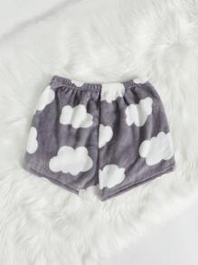 Cloud Print Flannel Fluffy Sleep Shorts, For Fall Winter, Cozy - Multicolor - View 2