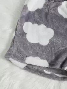 Cloud Print Flannel Fluffy Sleep Shorts, For Fall Winter, Cozy - Multicolor - View 3