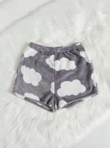 Cloud Print Flannel Fluffy Sleep Shorts, For Fall Winter, Cozy - Multicolor - View 4