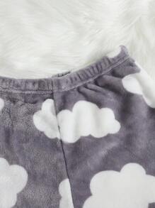 Cloud Print Flannel Fluffy Sleep Shorts, For Fall Winter, Cozy - Multicolor - View 5