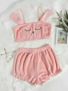 Eraneu Cartoon Embroidered 3D Patched Flannel Cami PJ Set / Fluffy Pajama Set Holiday Season, Fall Winter Clothes, Cozy - Baby Pink - View 1