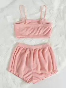 Eraneu Cartoon Embroidered 3D Patched Flannel Cami PJ Set / Fluffy Pajama Set Holiday Season, Fall Winter Clothes, Cozy - Baby Pink - View 2