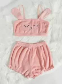 Eraneu Cartoon Embroidered 3D Patched Flannel Cami PJ Set / Fluffy Pajama Set Holiday Season, Fall Winter Clothes, Cozy - Baby Pink - View 3