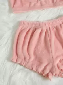 Eraneu Cartoon Embroidered 3D Patched Flannel Cami PJ Set / Fluffy Pajama Set Holiday Season, Fall Winter Clothes, Cozy - Baby Pink - View 4