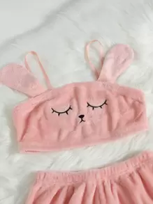 Eraneu Cartoon Embroidered 3D Patched Flannel Cami PJ Set / Fluffy Pajama Set Holiday Season, Fall Winter Clothes, Cozy - Baby Pink - View 5