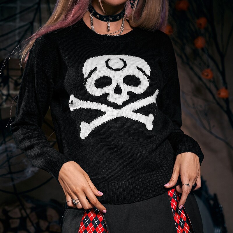 

Skull Pattern Drop Shoulder Sweater, Black