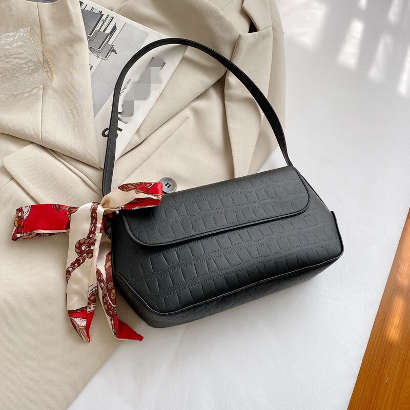 

Scarf Decor Flap Shoulder Bag, Black
