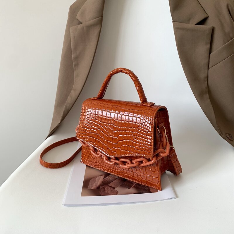 

Croc Embossed Satchel Bag, Brown