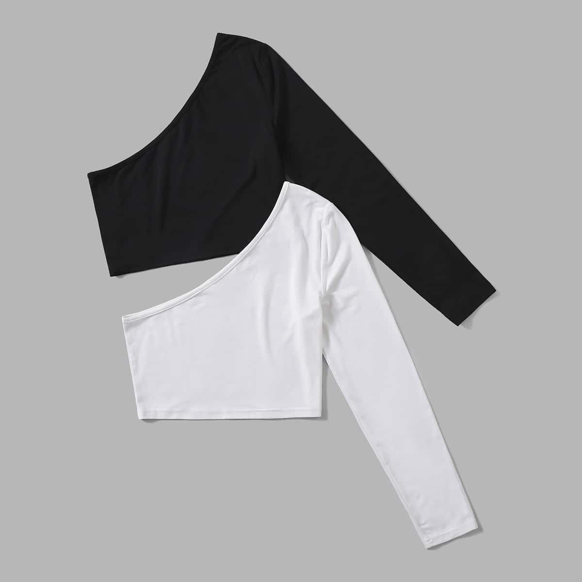 

2pcs Solid One Shoulder Crop Tee, Black and white