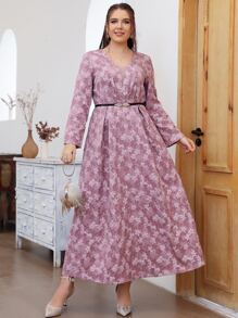 Modelyn Plus Mesh Panel Floral Embroidery Fold Pleated Belted Dress - Dusty Pink - View 1