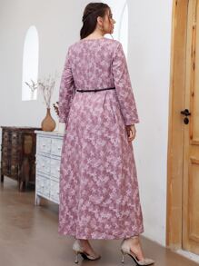 Modelyn Plus Mesh Panel Floral Embroidery Fold Pleated Belted Dress - Dusty Pink - View 2