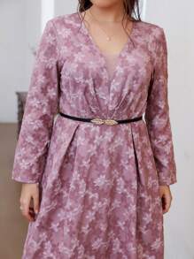 Modelyn Plus Mesh Panel Floral Embroidery Fold Pleated Belted Dress - Dusty Pink - View 3