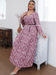 Modelyn Plus Mesh Panel Floral Embroidery Fold Pleated Belted Dress - Dusty Pink - View 4