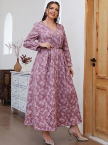 Modelyn Plus Mesh Panel Floral Embroidery Fold Pleated Belted Dress - Dusty Pink - View 5