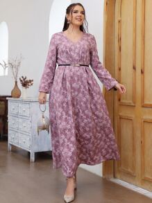 Modelyn Plus Mesh Panel Floral Embroidery Fold Pleated Belted Dress - Dusty Pink - View 6