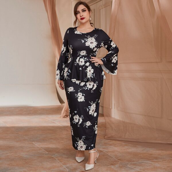 

Plus Floral Print Flounce Sleeve Peplum Fitted Dress, Black
