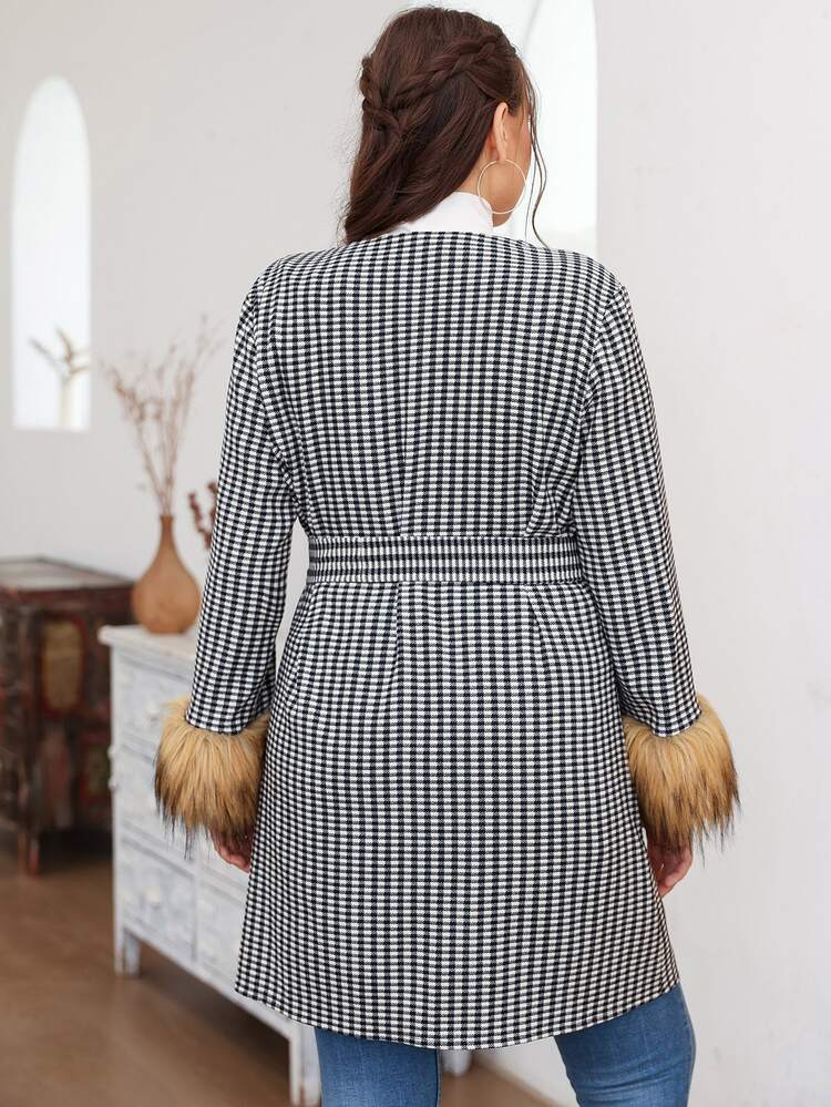 Plus Gingham Fuzzy Cuff Double Pocket Belted Coat Fall Cloth For Women