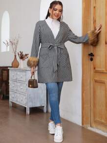 Mulvari Plus Gingham Fuzzy Cuff Double Pocket Belted Coat Fall Cloth For Women - Black and White - View 3